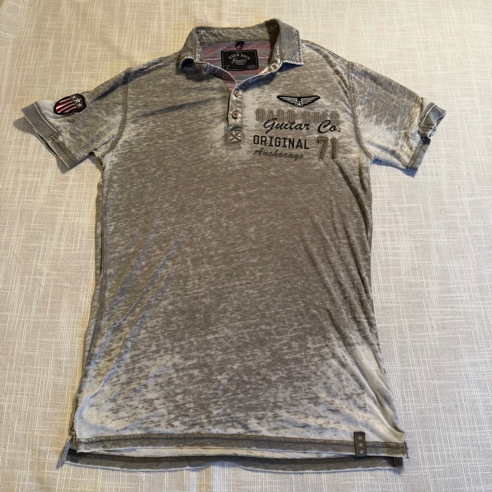 Hard Rock Guitar Co Anchorage Alaska Acid Wash Polo Shirt Mens Small Olive Gray